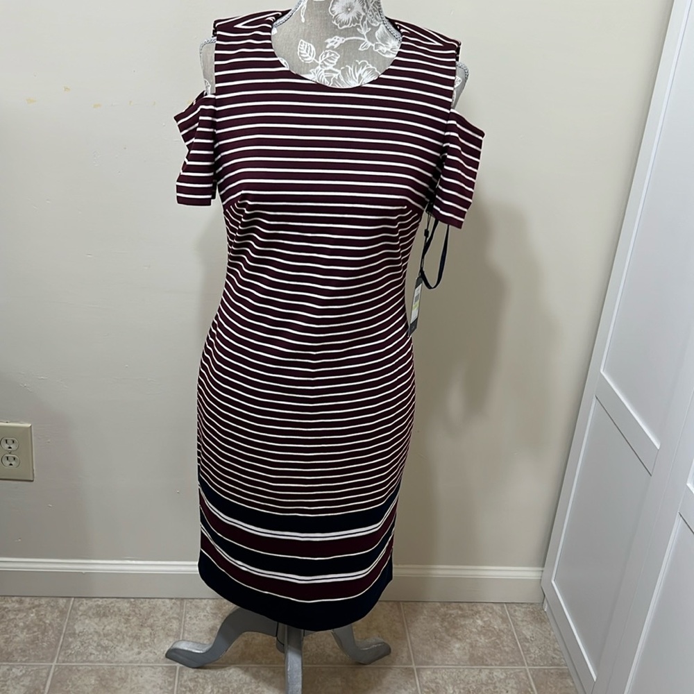 Tommy Hilfiger Women's Striped Cold-Shoulder Sheath Dress - Burgundy Multi